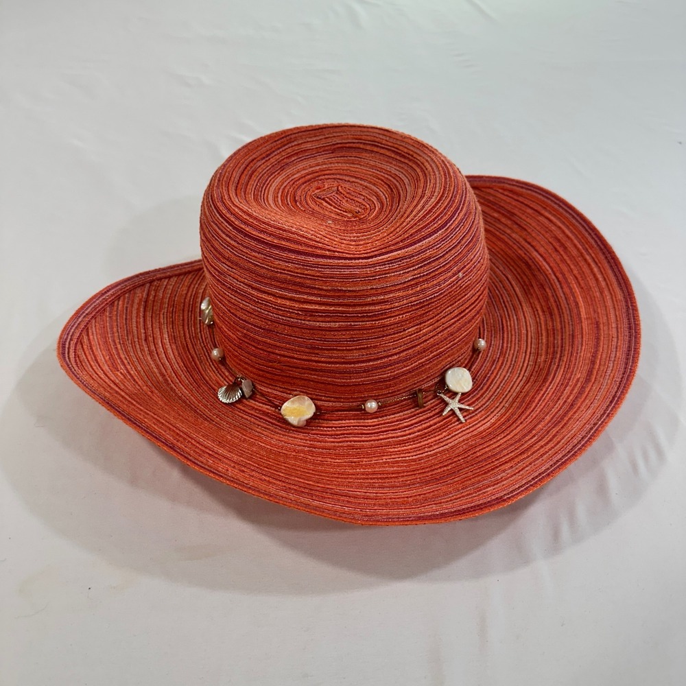 Cappelli Straworld Sun Hat Womens Coral Woven Seashell Beaded Wide Brim‎ Beach